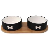 Set Dog Fantasy gamelles céramique avec sous-plat motif os noir 2x 13x5,5cm, 400ml